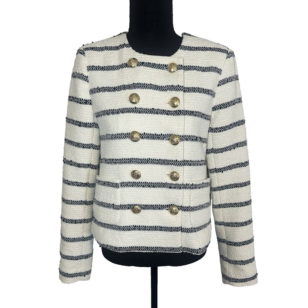 Tuckernuck Womens SMALL Navy Cream Marais Tweed Stripe Nautical Jacket Old Money